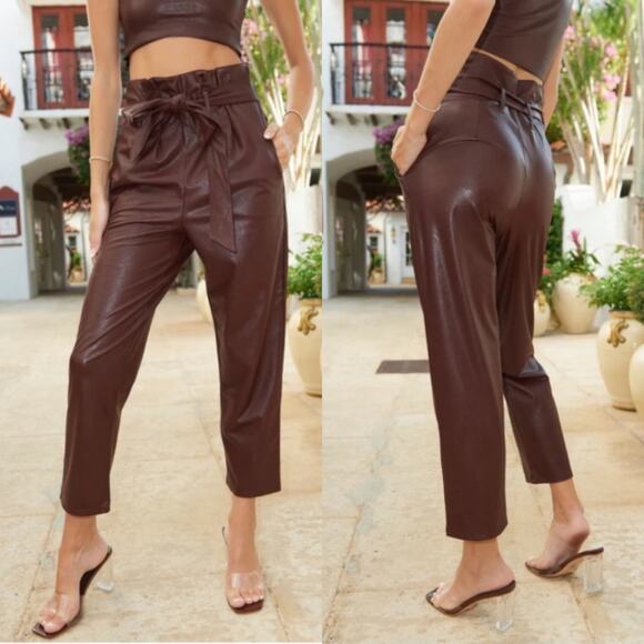 Commando Pants Womens Medium Oxblood Brown Faux Leather Vegan Paperbag Waist - Picture 1 of 12